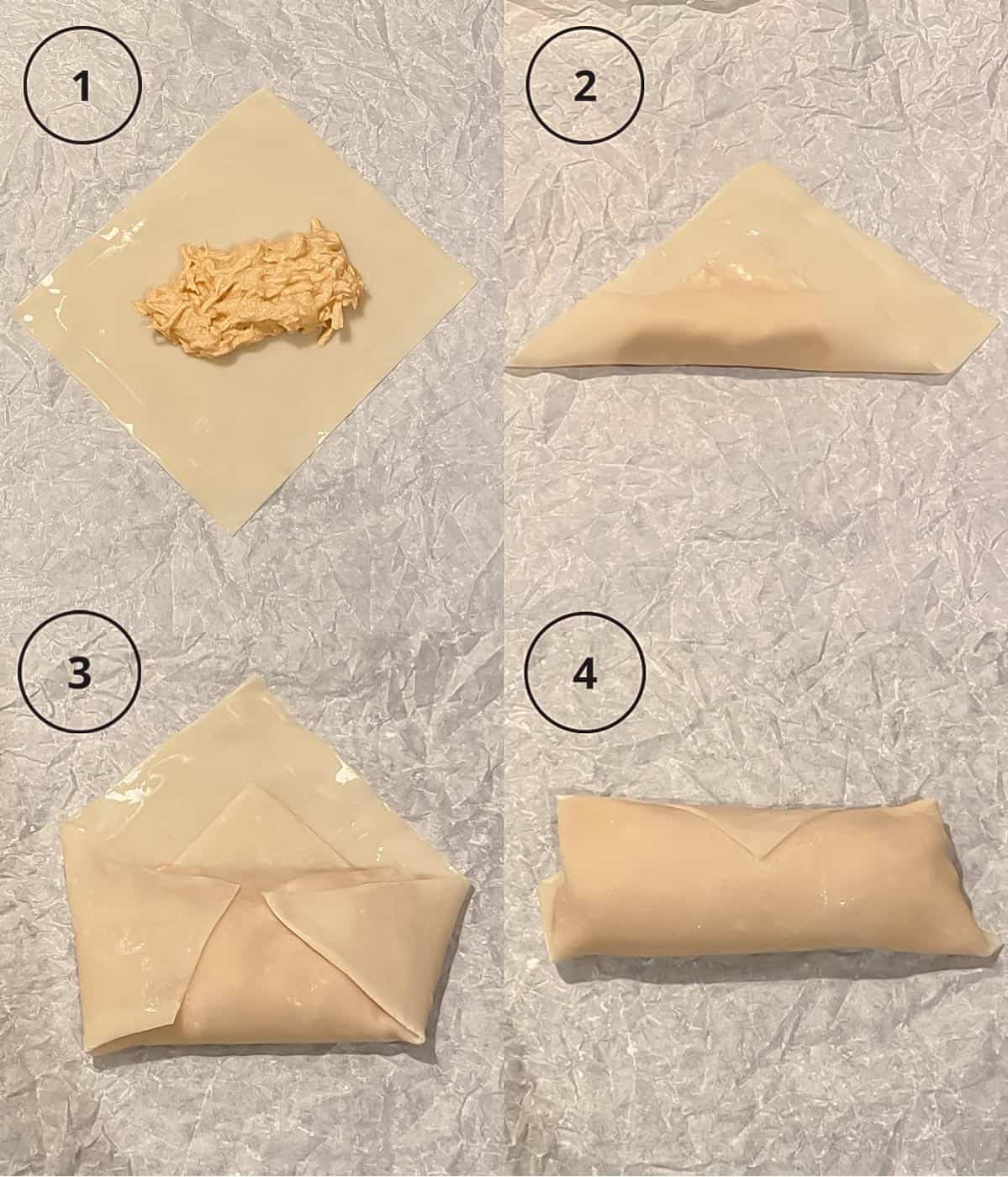 Step by step photos on how to roll an egg roll. Fill with filling, fold bottom corner toward top corner, fold left and right corners in toward each other, then roll upward. 