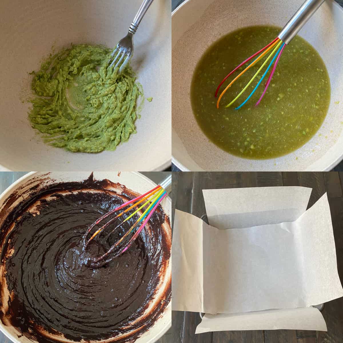 Collage of 4 photos - photo 1 is of a mashed avocado, photo 2 is of the wet ingredients combined in a bowl, photo 3 is all the brownie batter ingredients combined in a bowl, photo 4 is of a 9x9 brownie pan with parchment paper. 