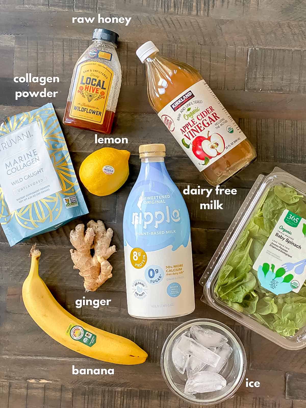 raw honey, lemon, apple cider vinegar, dairy free milk (ripple brand), ginger, banana, spinach, ice, collagen powder.