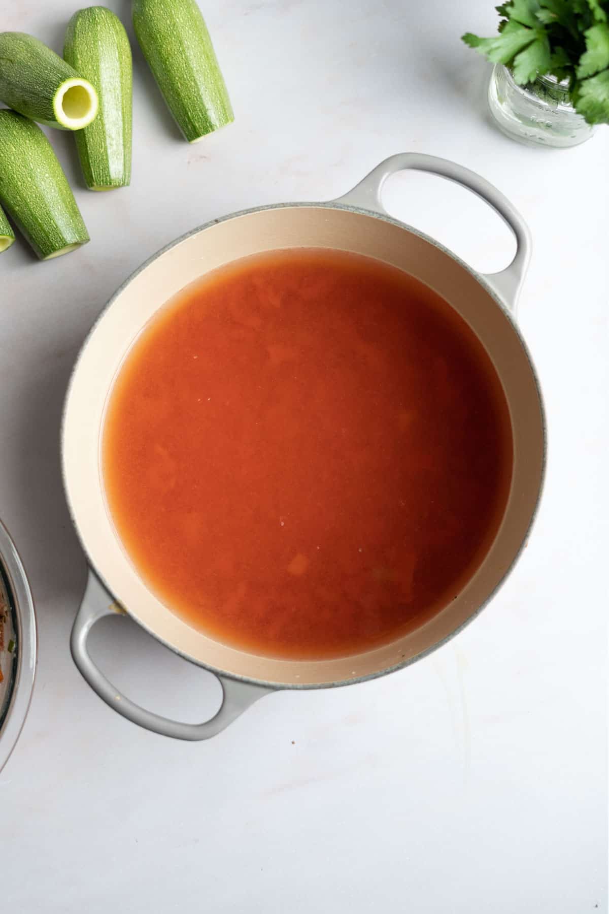 Tomato brine in large dutch oven pot.